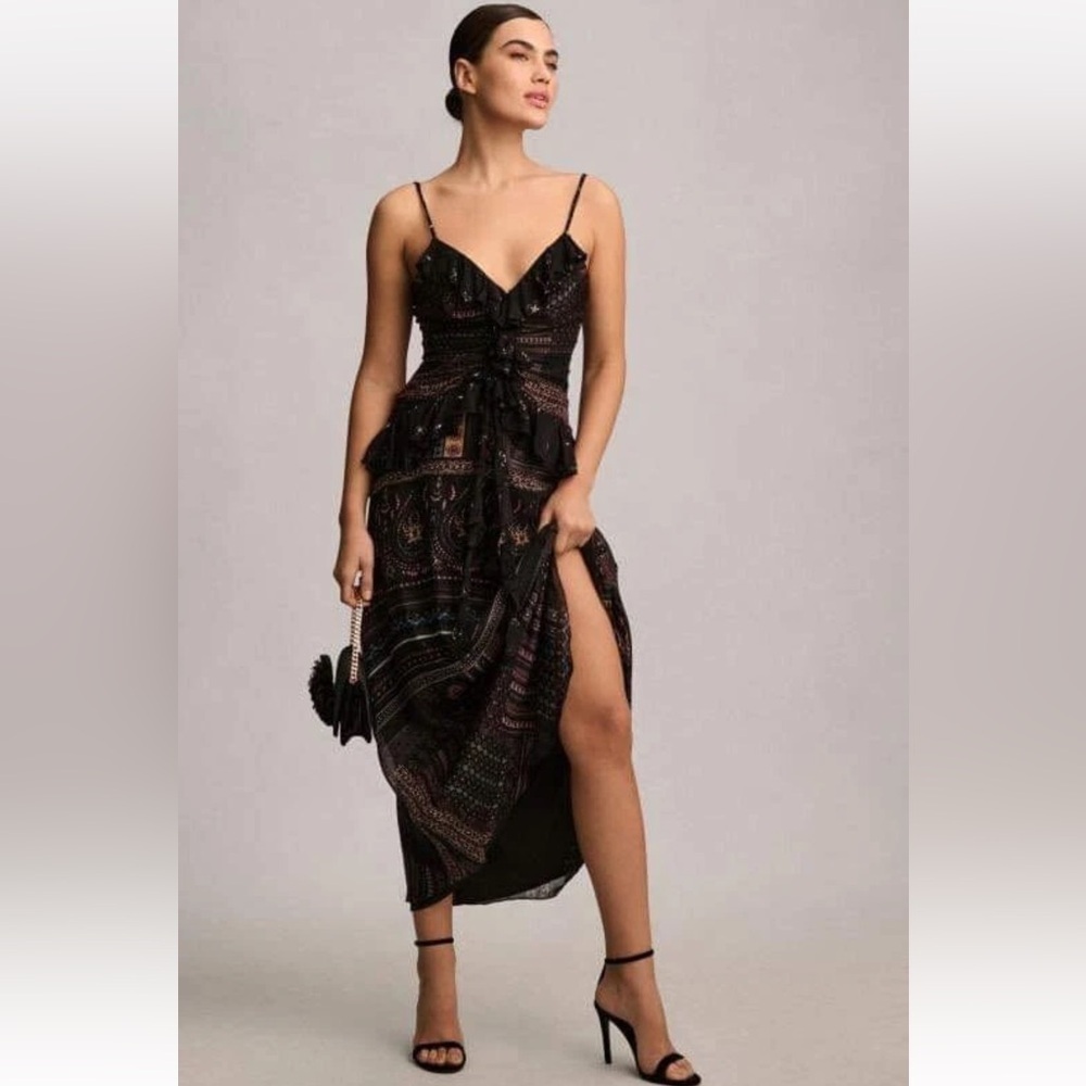 ANTHROPOLOGIE Sheer Printed V-Neck Midi Dress Women's Size S